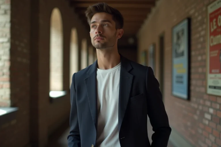 Aaron Nucci, jeune acteur français prometteur, photographié dans un couloir de studio de cinéma parisien avec des affiches vintage en arrière-plan