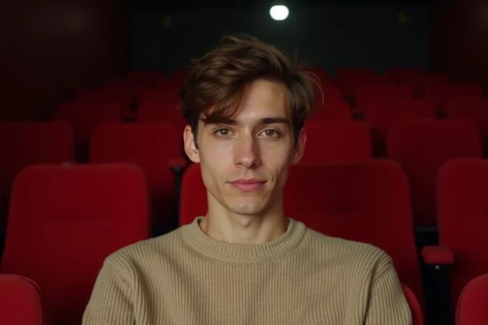 Portrait en gros plan d'Aaron Nucci dans une salle de cinéma indépendant française, portant un pull en maille avec des fauteuils en velours rouge en arrière-plan