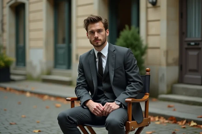 Aaron Nucci en costume gris assis sur une chaise de réalisateur lors d'un tournage en extérieur à Paris en automne