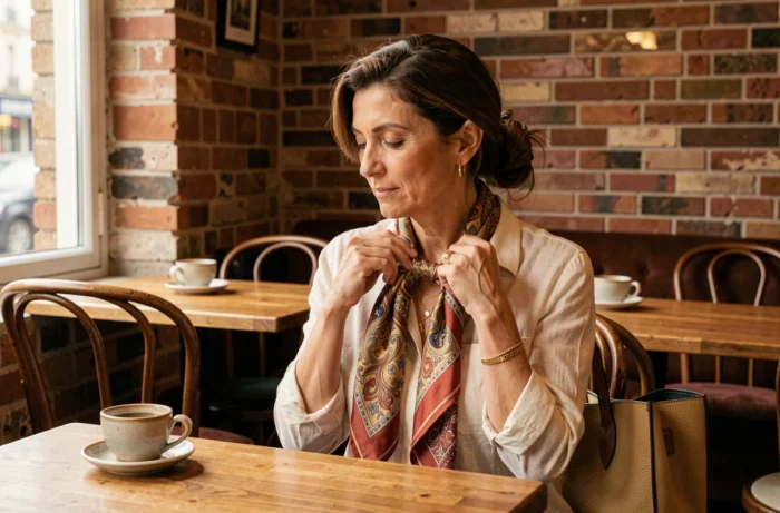 Femme élégante dans un café français nouant un foulard en soie avec colliers dorés et sac cabas posé sur sa chaise