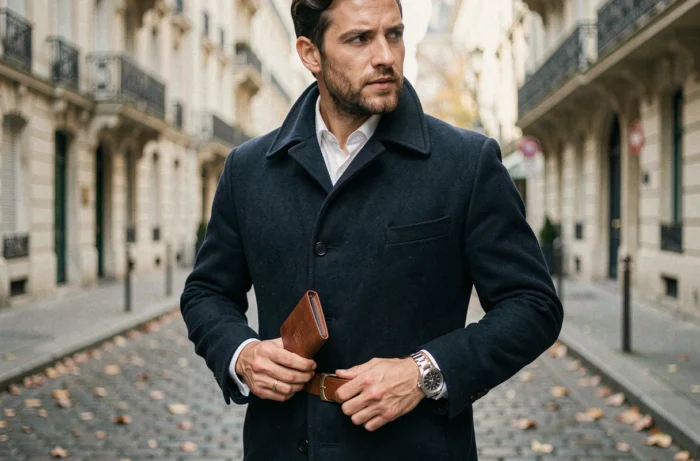 Homme élégant en manteau bleu marine réglant sa ceinture en cuir cognac dans une rue pavée parisienne avec montre et portefeuille en cuir visibles