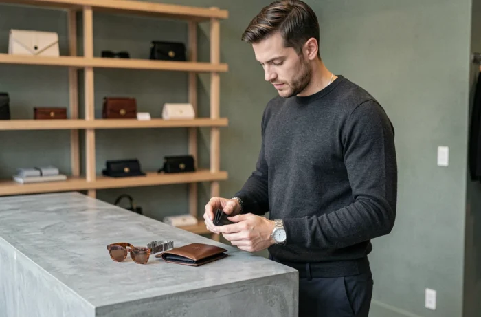 Homme inspectant des accessoires masculins tendance dans une boutique minimaliste urbaine