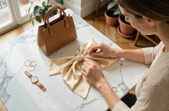 Flat lay d'accessoires de mode féminins sur marbre blanc, incluant sac en cuir, foulard en soie, boucles d'oreilles dorées et montre minimaliste
