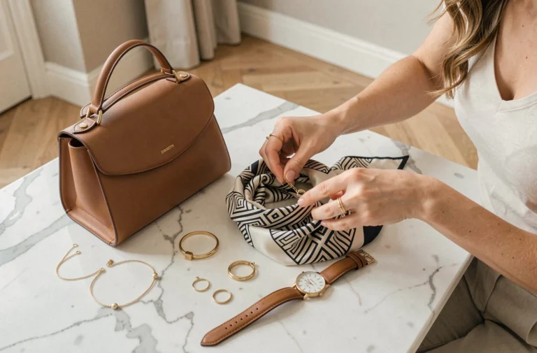 Femme arrangeant des accessoires de mode tendance sur marbre blanc dans un appartement parisien moderne
