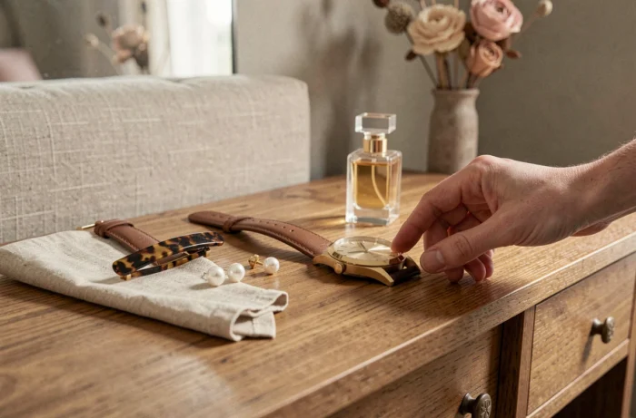 Gros plan sur une coiffeuse en bois avec accessoires du quotidien : montre dorée, boucles d'oreilles en perles, barrette écaille, flacon de parfum et pochette en lin