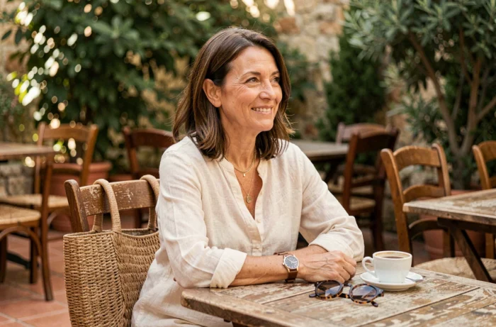 Femme élégante avec des accessoires tendance attablée à la terrasse d'un café en France