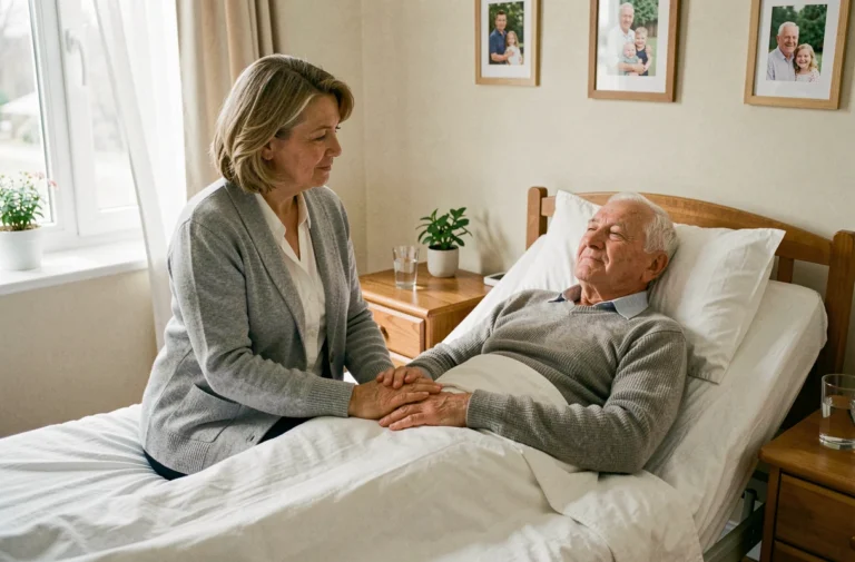 Une femme accompagne un proche âgé alité dans une chambre à domicile, lors de soins palliatifs