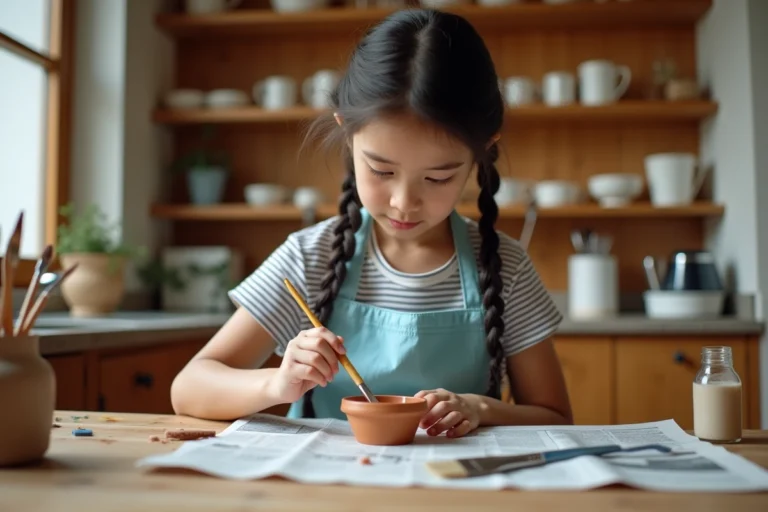 Fillette de 8 ans peignant un pot en argile sur une table de cuisine couverte de journaux, activité créative à la maison