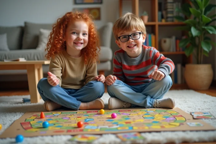 Deux enfants de 8 ans jouant à un jeu de société sur le sol du salon, activité ludique et créative à la maison