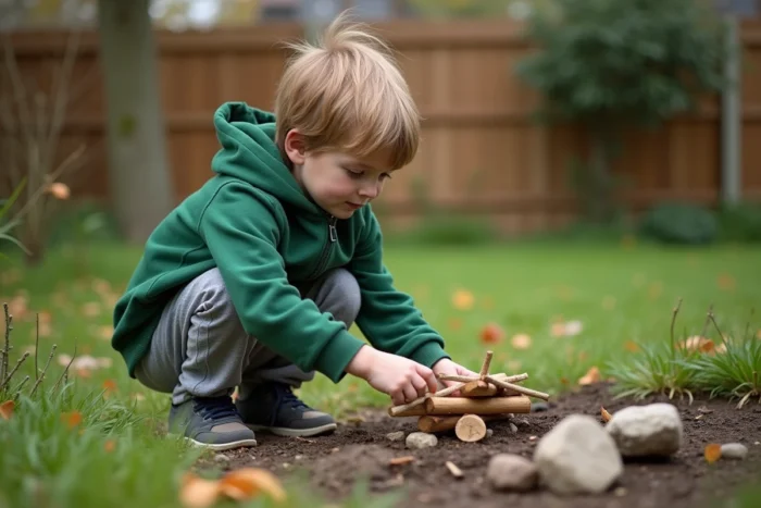 Garçon de 8 ans construisant une cabane miniature avec des bâtons et des pierres dans un jardin en plein air, activité nature pour enfants
