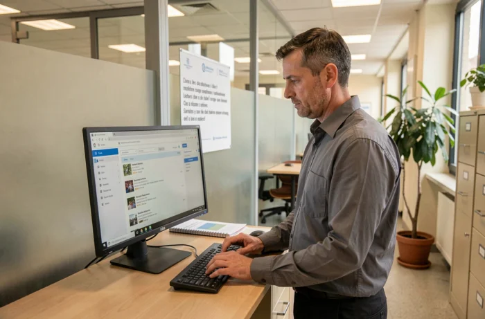Administrateur scolaire consultant le webmail de l'académie de Versailles sur un ordinateur de bureau dans un bureau administratif