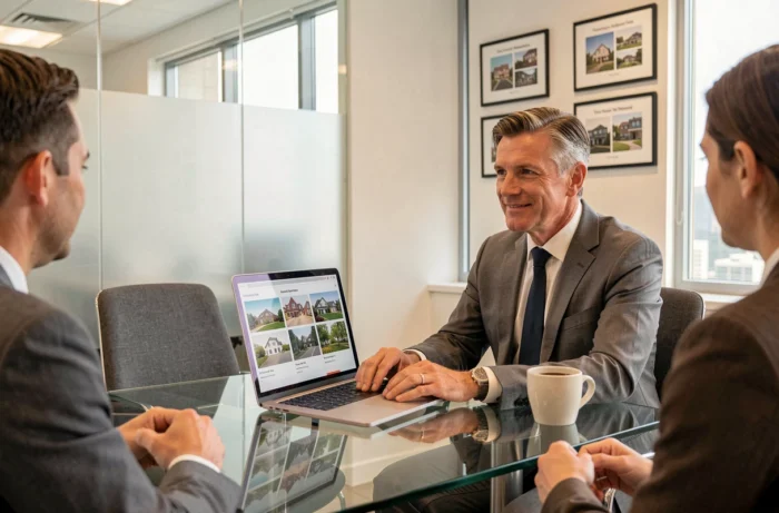 Agent immobilier présentant un portfolio numérique de biens à des clients dans une agence moderne en 2024