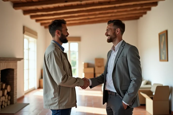 Agent immobilier et propriétaire concluant une vente rapide dans une maison de style provençal dans l'Aude
