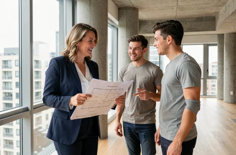 Agente immobilière présentant des plans d'appartement à un jeune couple dans un logement moderne rénové