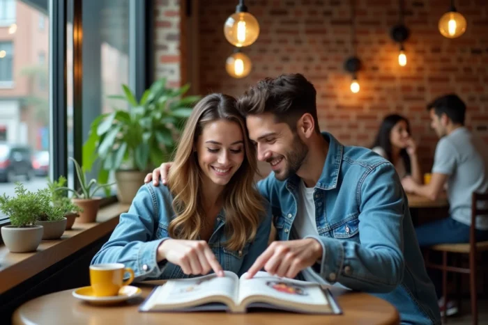 Deux amis adultes partageant la lecture d'un manga dans un café urbain moderne avec décor en briques apparentes