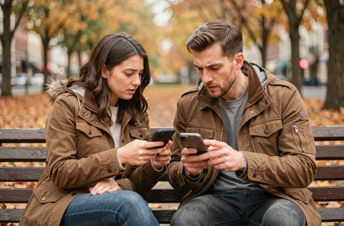 Deux amis dans un parc analysant ensemble une conversation Messenger pour savoir si un contact a activé la sourdine