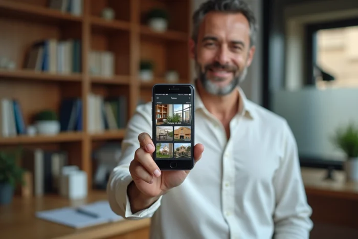 Homme consultant l'application de surveillance domotique sur smartphone depuis son bureau