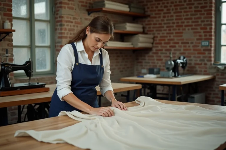 Ouvrière textile inspectant une couture dans un atelier de fabrication Christine Laure en France