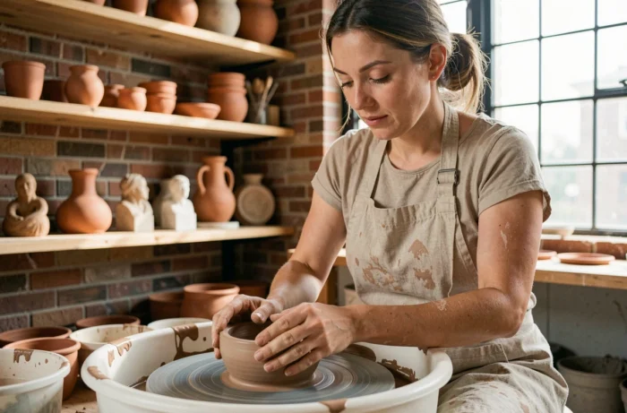 Femme façonnant un bol en argile sur un tour de poterie dans un atelier artisanal en briques, loisir tendance céramique