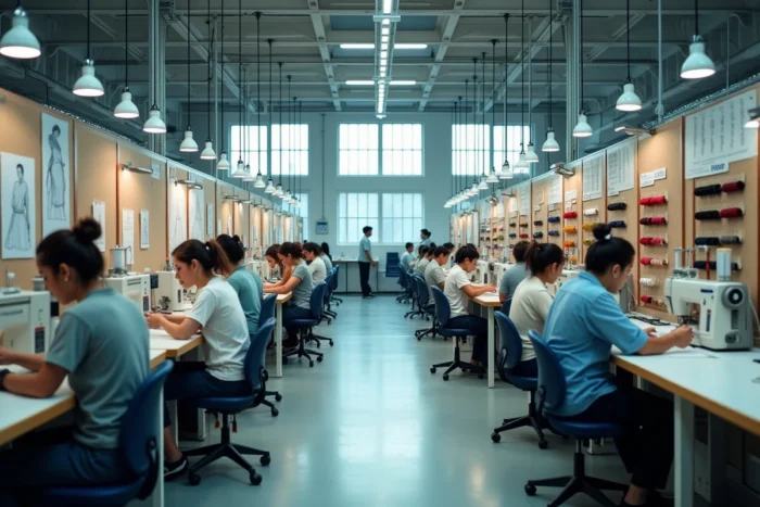Vue d'ensemble d'un atelier de production textile Christine Laure avec rangées de machines à coudre industrielles