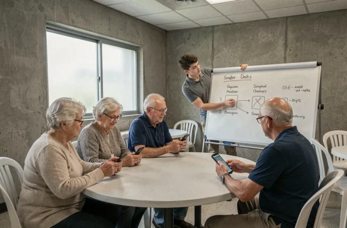 Groupe de seniors participant à un atelier d'initiation au smartphone dans un centre communautaire