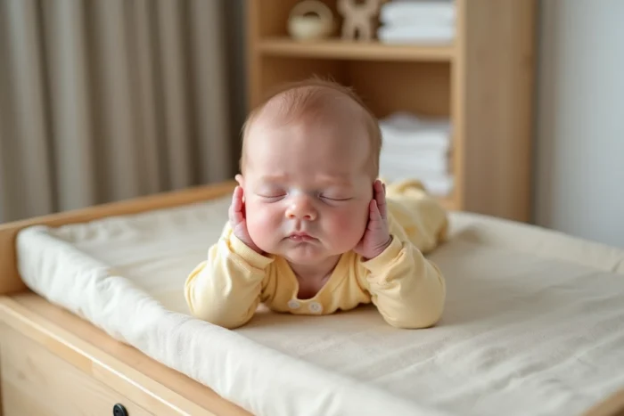 Bébé de 3 semaines allongé sur une table à langer dans un body jaune pâle, les yeux fermés et les poings serrés