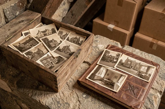 Boîte en bois ancienne remplie de photographies vintage de maisons et album de famille ouvert sur une surface en pierre rustique