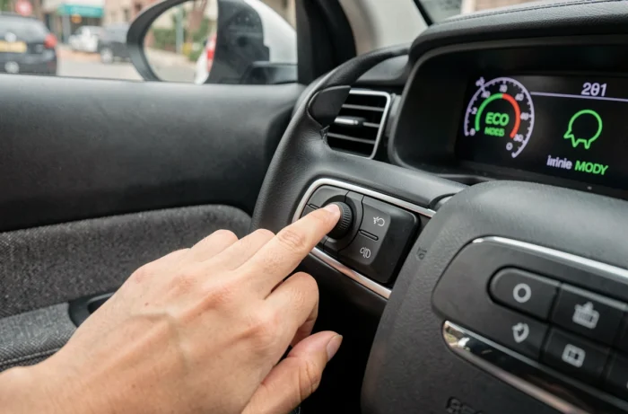 Gros plan sur le bouton de désactivation du mode éco dans l'habitacle d'une Citroën C3 avec affichage tableau de bord