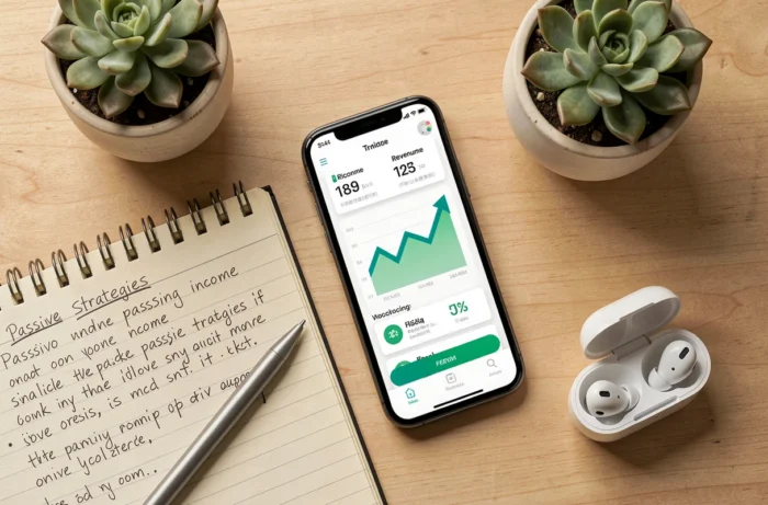 Vue aérienne d'un bureau minimaliste avec smartphone affichant un suivi de revenus passifs automatisés