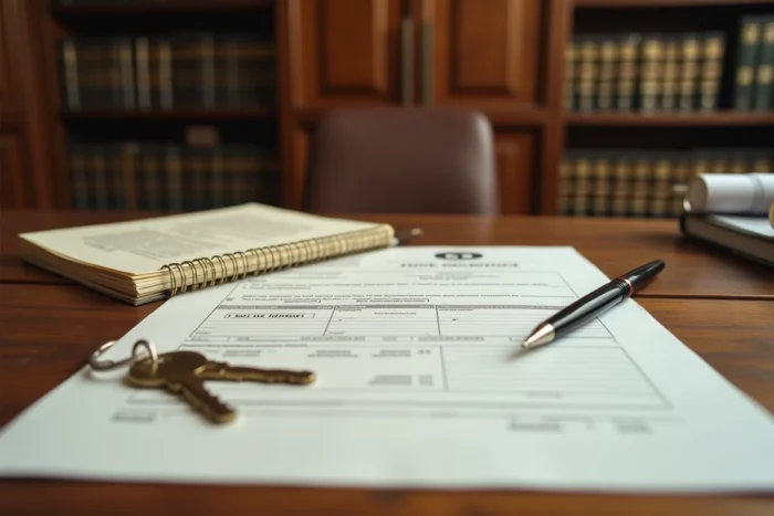 Bureau de notaire avec documents de divorce, clé de maison et estimation immobilière pour une vente urgente dans l'Aude