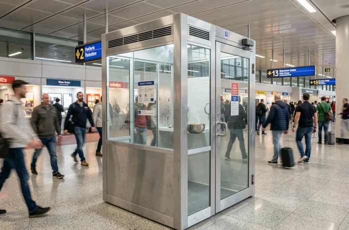 Cabine fumeur vitrée dans le hall de départ de l'aéroport de Nantes Atlantique