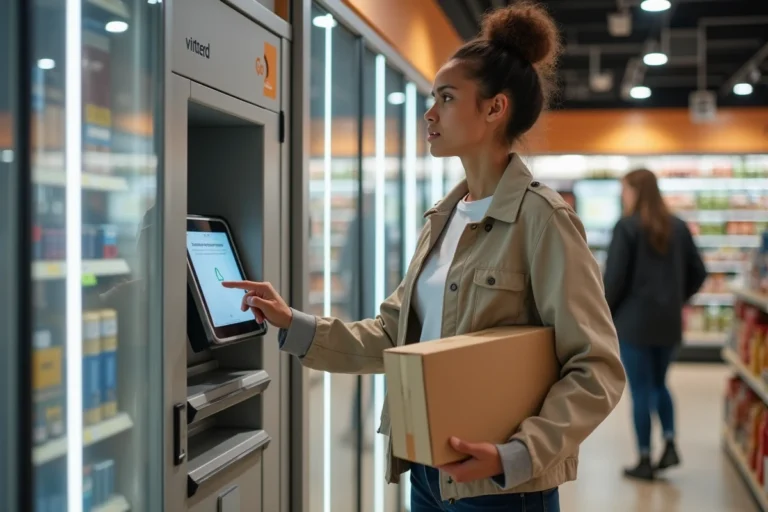 Femme tenant un colis devant un casier Vinted Go affichant une erreur dans un supermarché