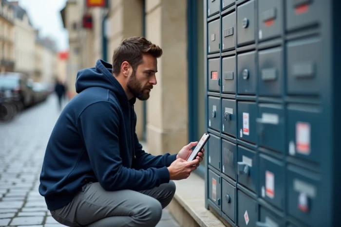 Homme avec un colis devant un casier Vinted Go complet à l'extérieur d'un bureau de poste