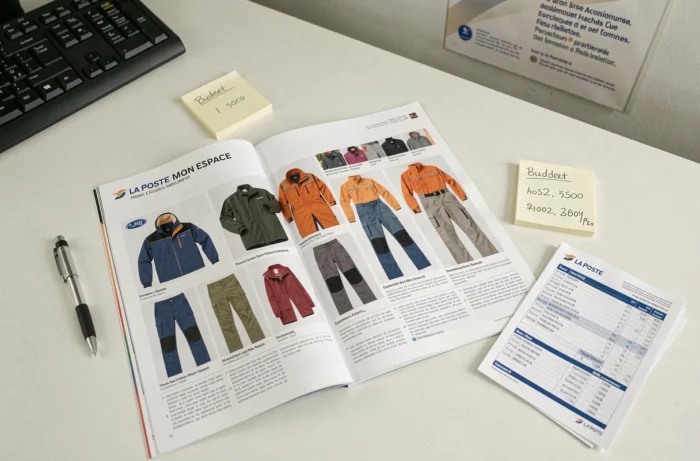 Catalogue Mon Espace Habillement La Poste ouvert sur un bureau avec notes de budget et formulaires de commande