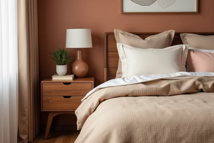 Chambre à coucher stylée avec literie superposée en tons neutres, table de chevet en noyer et décoration minimaliste pour une maison confortable et tendance