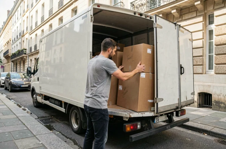 Homme chargeant des cartons dans un camion de déménagement Blablacar devant un immeuble urbain