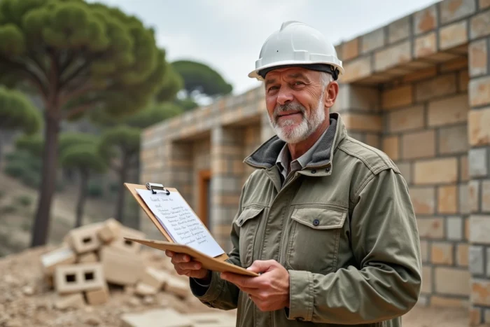 Chef de chantier supervisant la construction d'une villa en pierre à Cassis avec les calanques en arrière-plan