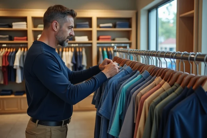 Homme comparant des chemises de couleurs différentes dans une boutique pour choisir la meilleure protection solaire
