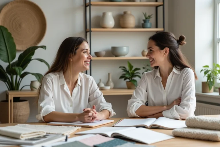 Deux professionnelles collaborant autour d'un bureau en bois dans un studio de décoration intérieure, entourées d'échantillons de tissu et de planches d'inspiration