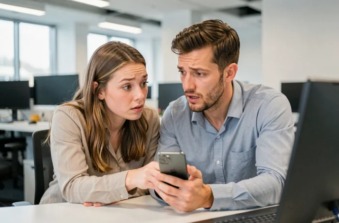 Deux collègues surpris découvrant qu'ils ont été retirés d'un groupe WhatsApp au bureau