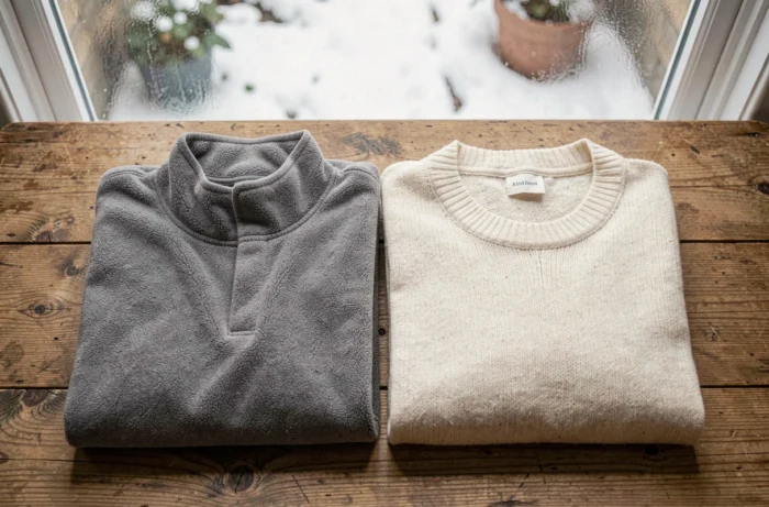 Comparaison textile entre un pull polaire gris et un pull en cachemire ivoire posés sur une table en bois