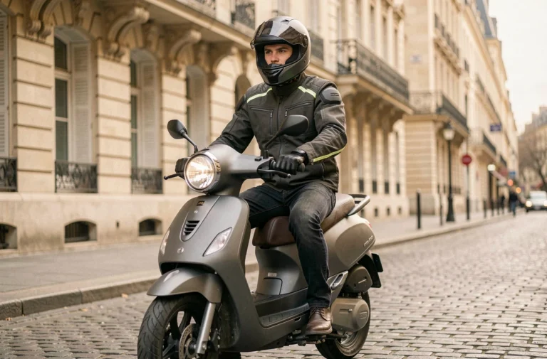 Jeune conducteur en équipement complet sur un scooter 250cc garé dans une rue urbaine française