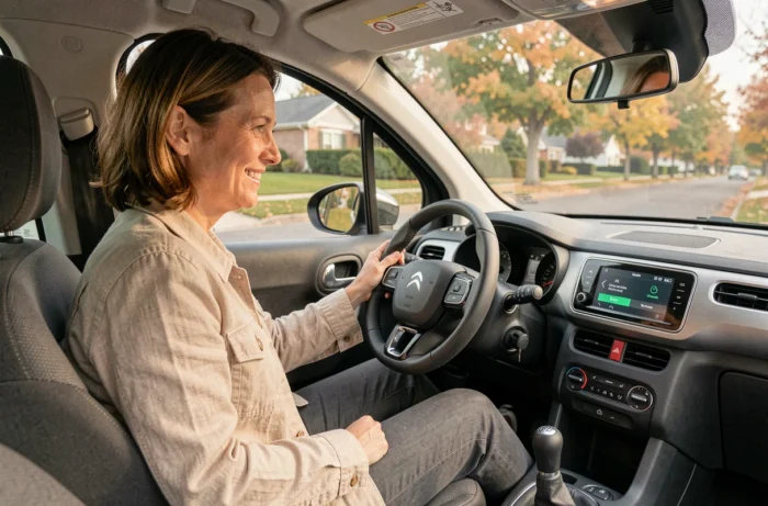 Femme souriante au volant d'une Citroën C3 désactivant le mode éco pour profiter d'un meilleur confort de conduite