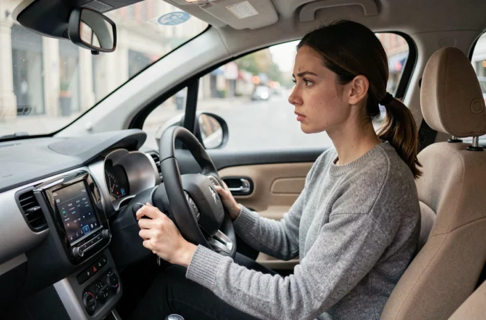 Conductrice Citroën C3 observant les voyants allumés sur le tableau de bord en ville