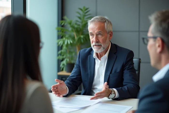 Conseiller en assurance expliquant les garanties à un couple dans un bureau professionnel