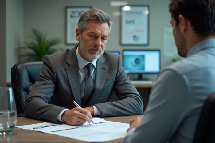 Conseiller bancaire présentant les modalités de la délégation d'assurance à un client
