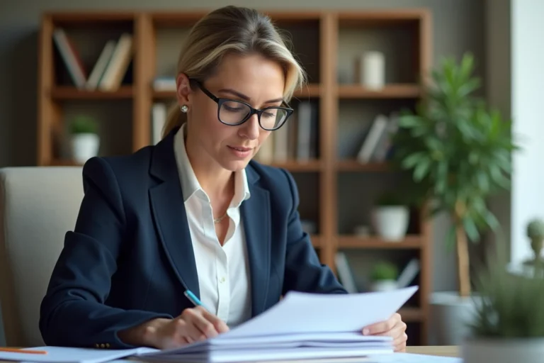 Conseillère financière examinant un dossier de délégation d'assurance emprunteur dans un bureau moderne