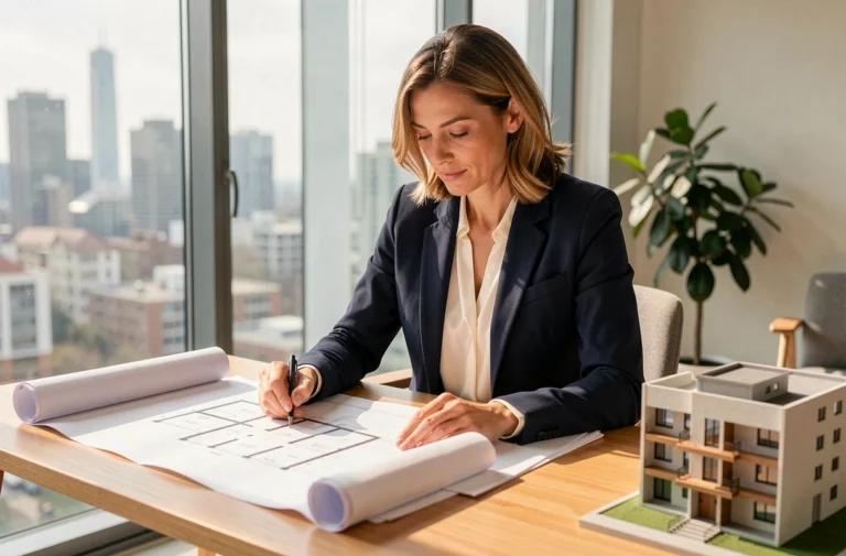 Femme professionnelle de l'immobilier examinant des plans architecturaux dans un bureau moderne avec vue sur la ville en 2024