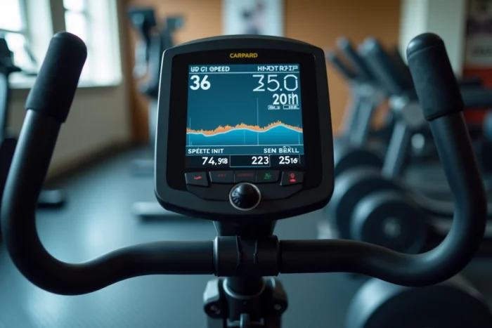 Gros plan sur le tableau de bord numérique du vélo d'appartement SportPlus SP-HT-1004-IE affichant les données d'entraînement