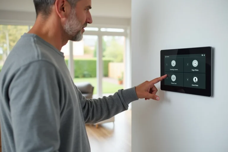 Homme utilisant un tableau de commande domotique pour sécuriser sa maison connectée
